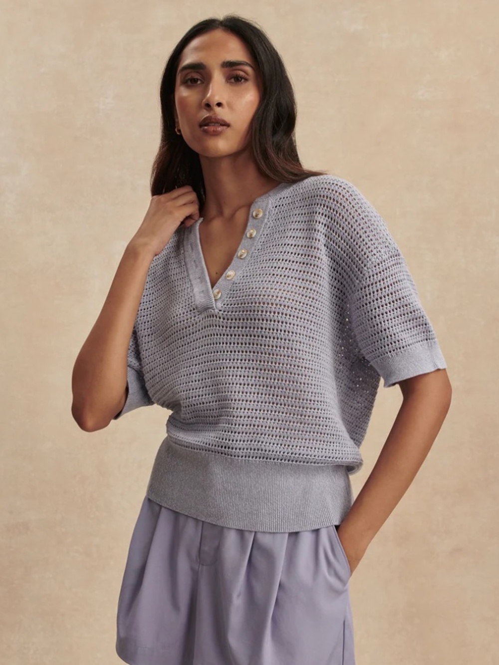Varley Callie Knit Top | Open Mesh Knit V-Neck Polo Top | Lavender Grey | Size M